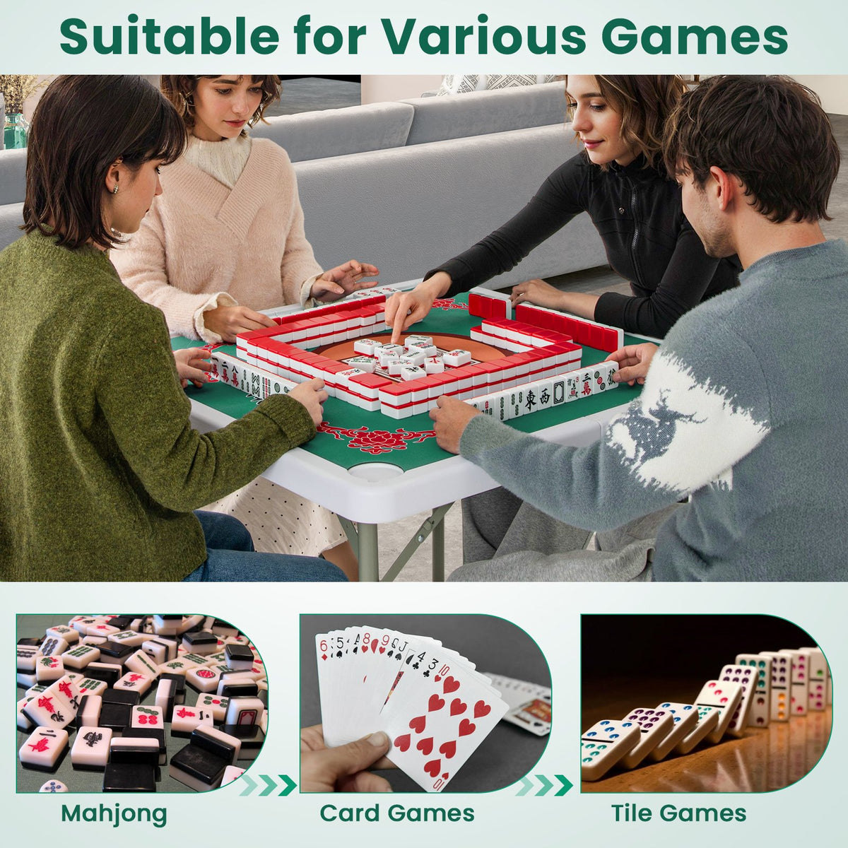 35 Inch 4 Player Game Card Folding Mahjong Table with Cup Holders-Light Green view 9