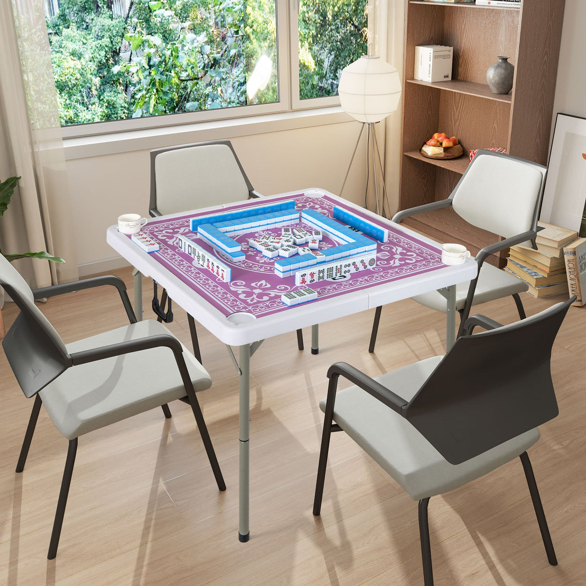 35 Inch 4 Player Game Card Folding Mahjong Table with Cup Holders-Pink view 2