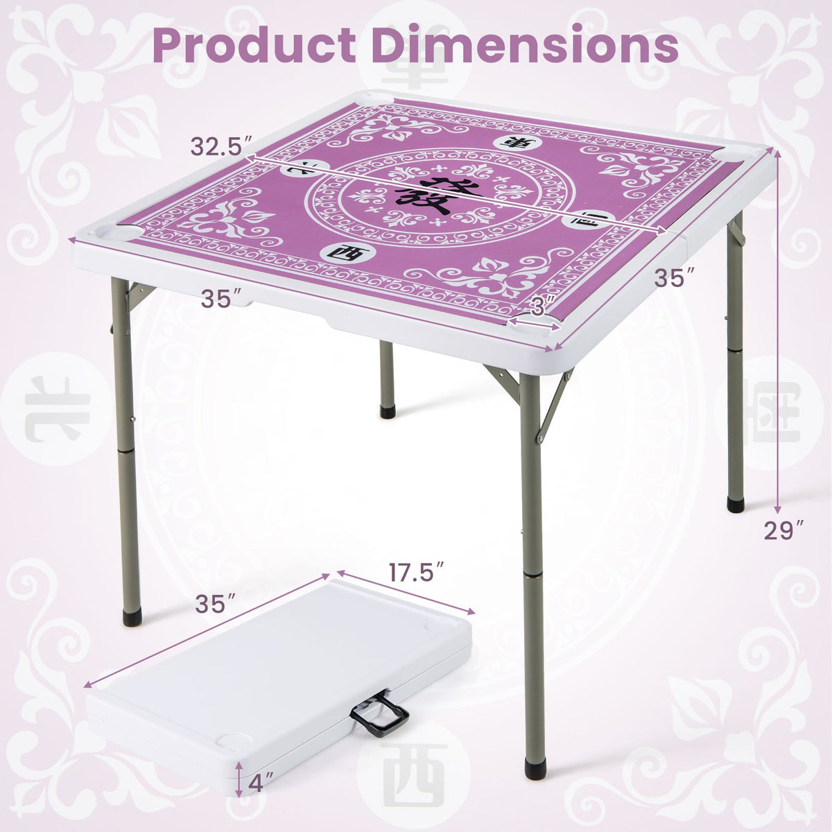 35 Inch 4 Player Game Card Folding Mahjong Table with Cup Holders-Pink view 5