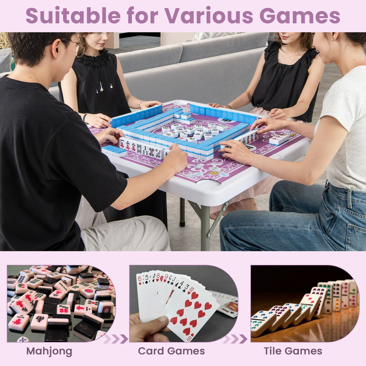 35 Inch 4 Player Game Card Folding Mahjong Table with Cup Holders-Pink view 9