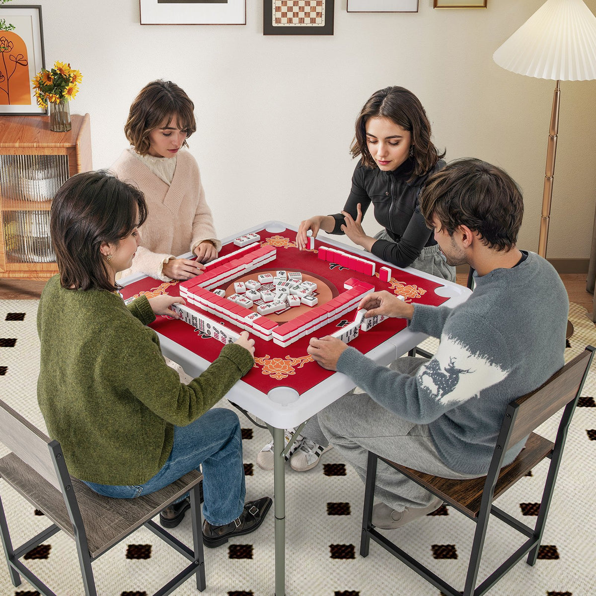 35 Inch 4 Player Game Card Folding Mahjong Table with Cup Holders-Red view 2