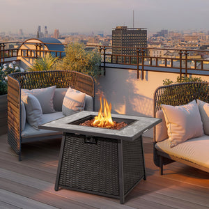 35 Inch Propane Gas Fire Pit Table Wicker Rattan with Lava Rocks PVC Cover-Black view 3