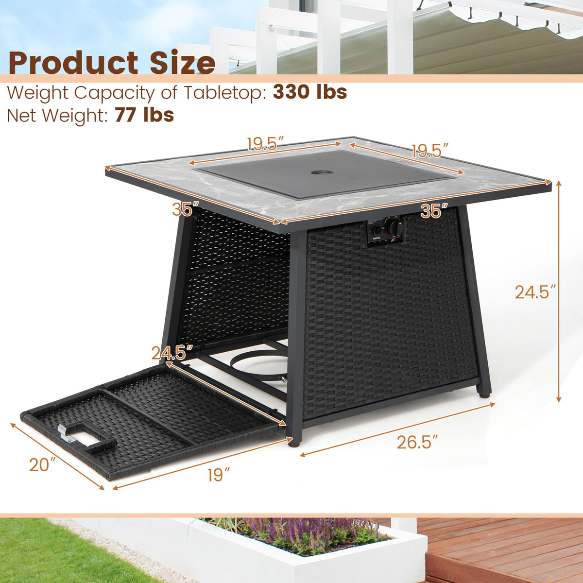 35 Inch Propane Gas Fire Pit Table Wicker Rattan with Lava Rocks PVC Cover-Black view 4