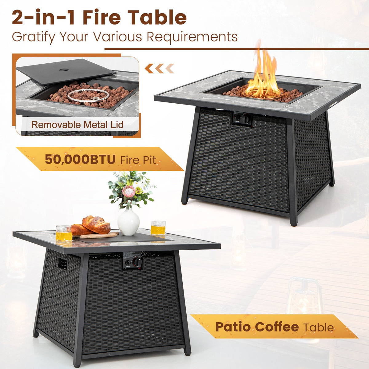 35 Inch Propane Gas Fire Pit Table Wicker Rattan with Lava Rocks PVC Cover-Black view 5