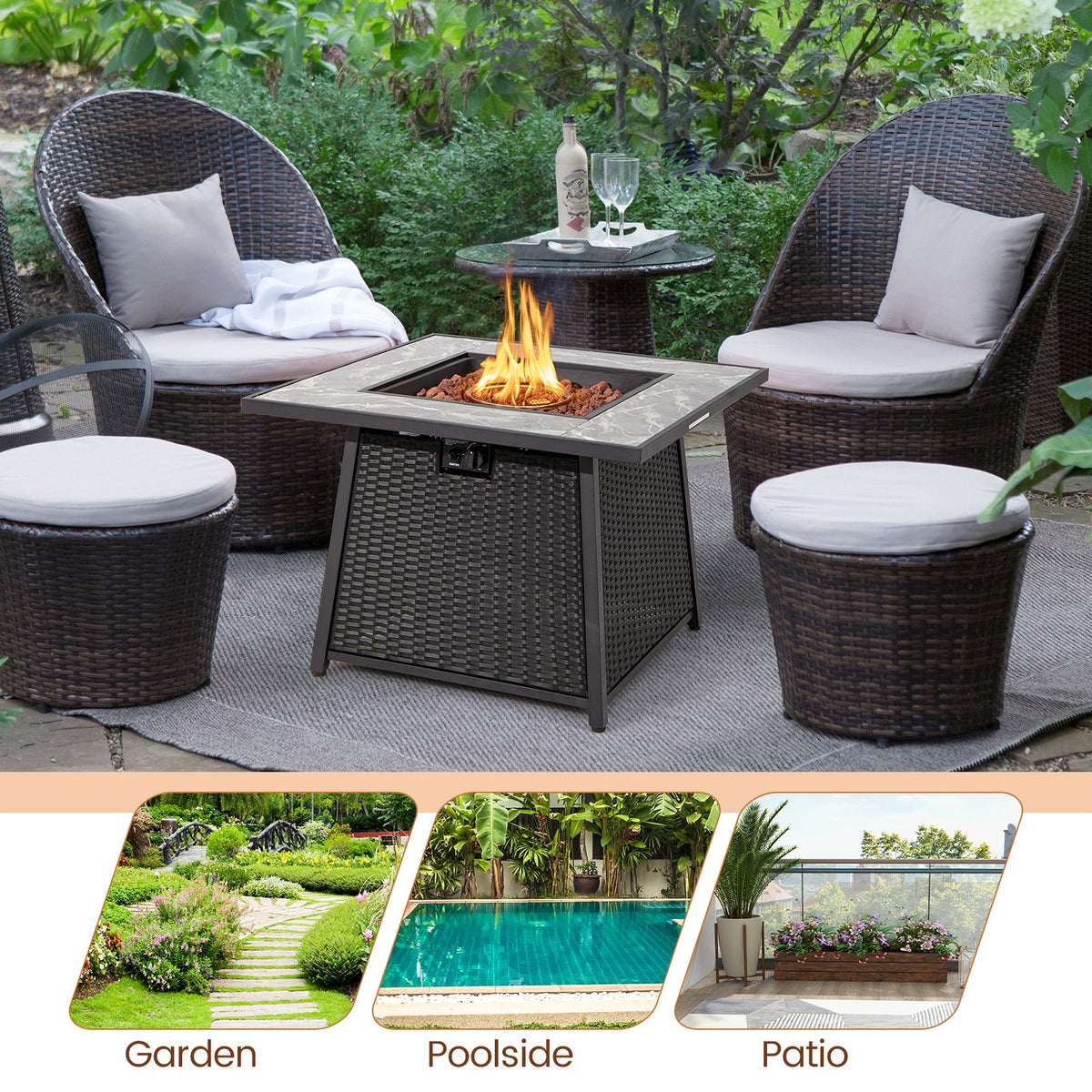 35 Inch Propane Gas Fire Pit Table Wicker Rattan with Lava Rocks PVC Cover-Black view 9