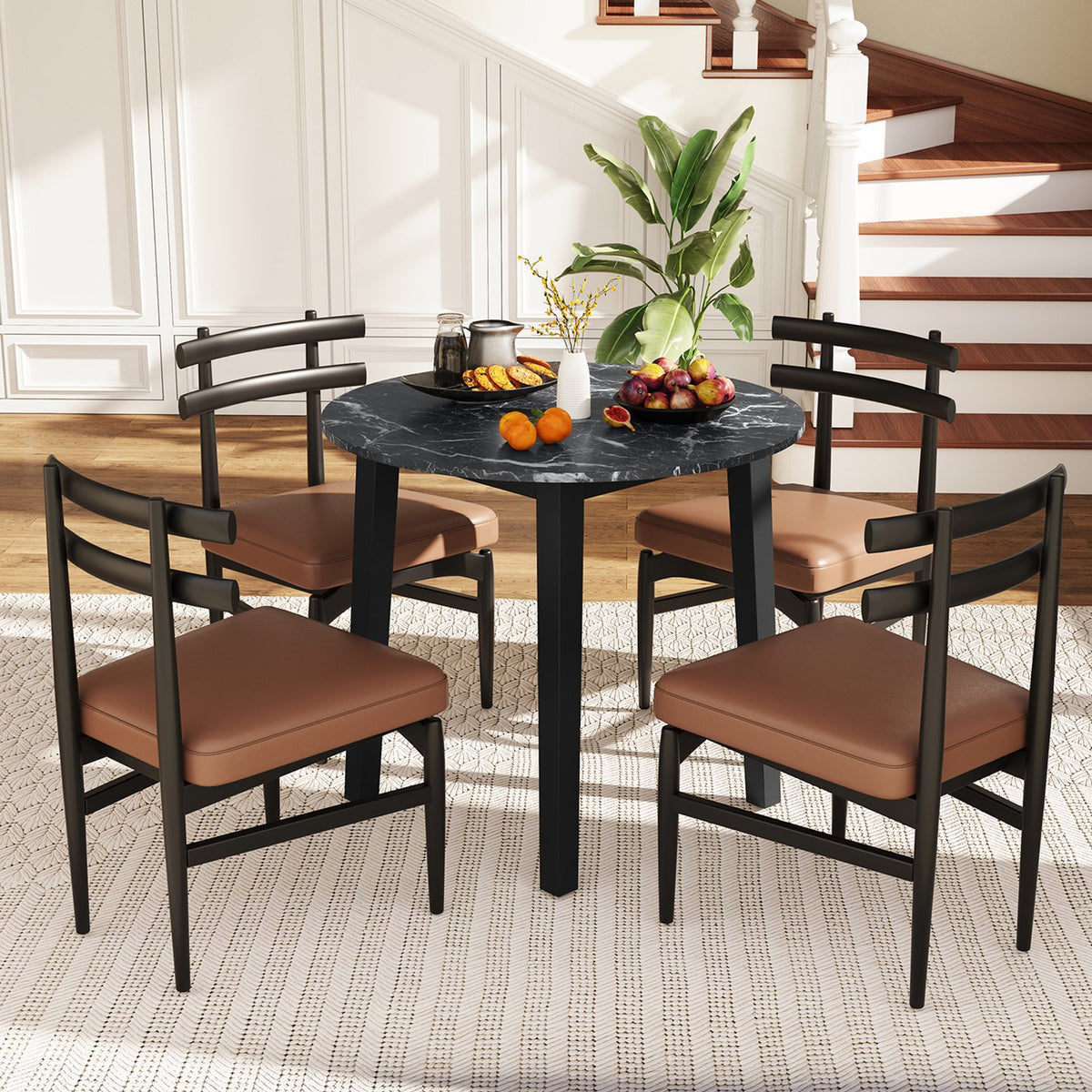 35 Inch Round Dining Table with Rubber Wood Legs and Marble-textured Veneer Tabletop-Black view 2