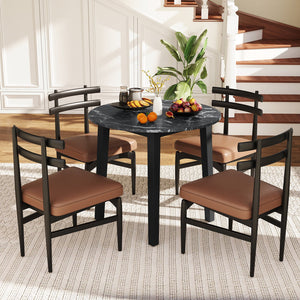 35 Inch Round Dining Table with Rubber Wood Legs and Marble-textured Veneer Tabletop-Black view 2