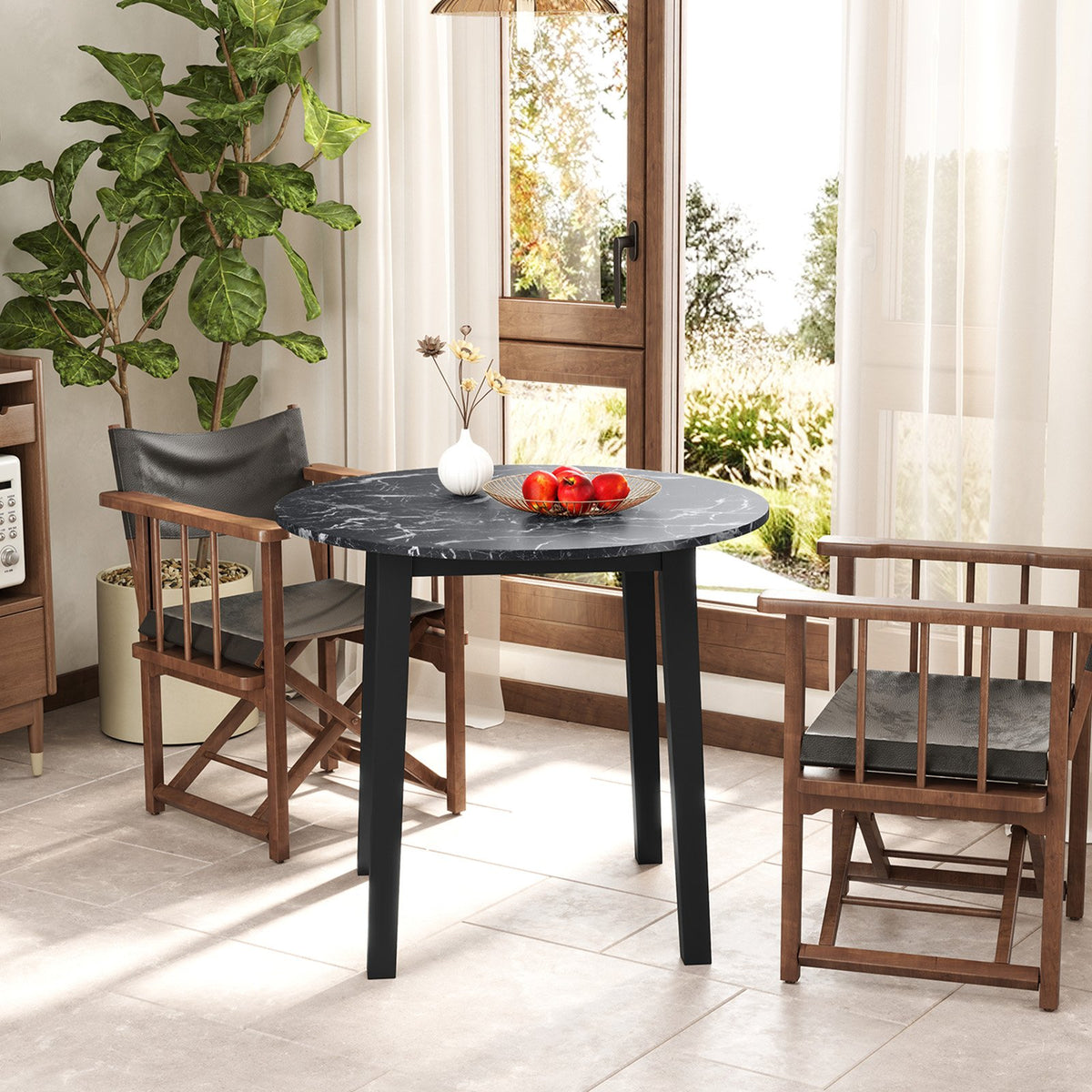 35 Inch Round Dining Table with Rubber Wood Legs and Marble-textured Veneer Tabletop-Black view 3
