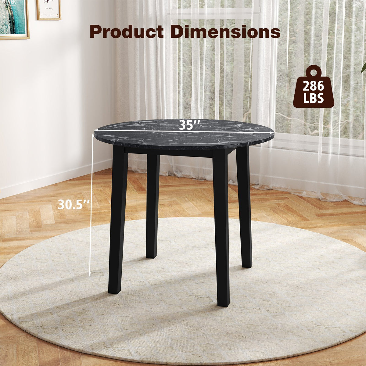 35 Inch Round Dining Table with Rubber Wood Legs and Marble-textured Veneer Tabletop-Black view 5