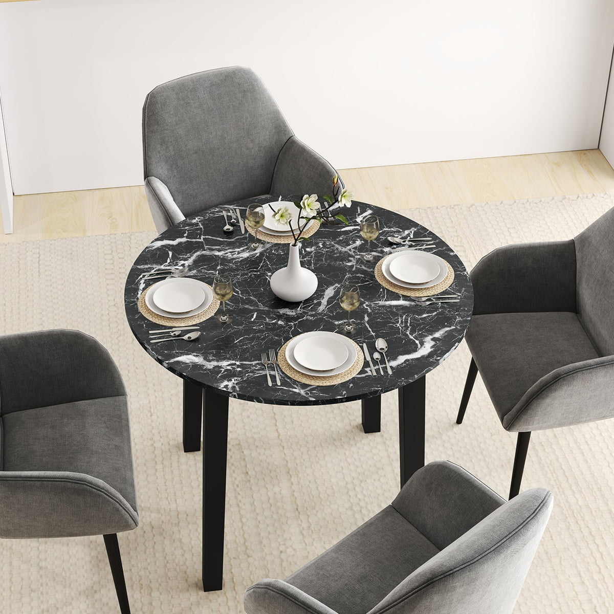 35 Inch Round Dining Table with Rubber Wood Legs and Marble-textured Veneer Tabletop-Black view 6