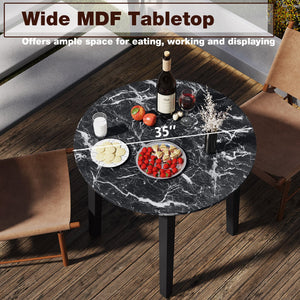 35 Inch Round Dining Table with Rubber Wood Legs and Marble-textured Veneer Tabletop-Black view 8