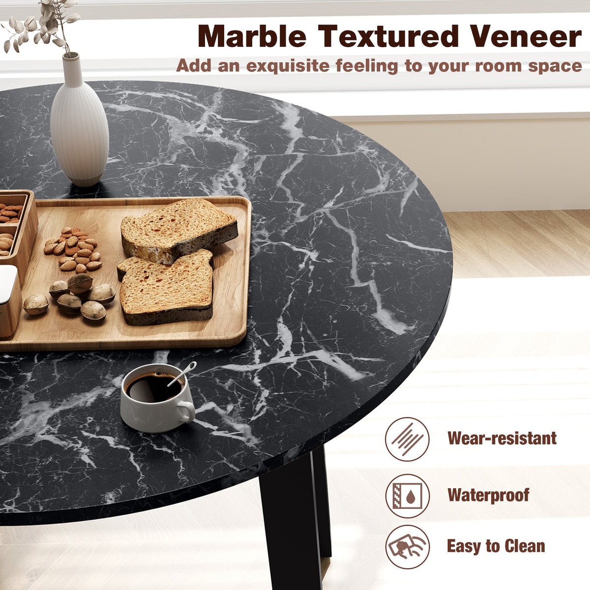35 Inch Round Dining Table with Rubber Wood Legs and Marble-textured Veneer Tabletop-Black view 9