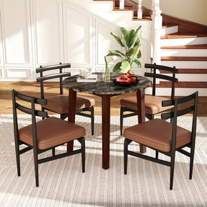 35 Inch Round Dining Table with Rubber Wood Legs and Marble-textured Veneer Tabletop-Brown view 2