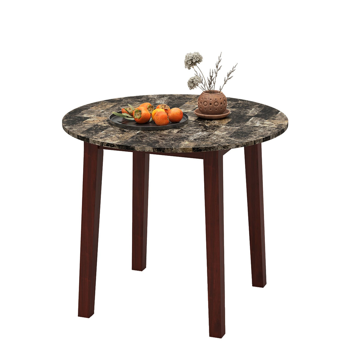 35 Inch Round Dining Table with Rubber Wood Legs and Marble-textured Veneer Tabletop-Brown view 4