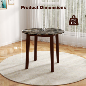 35 Inch Round Dining Table with Rubber Wood Legs and Marble-textured Veneer Tabletop-Brown view 5