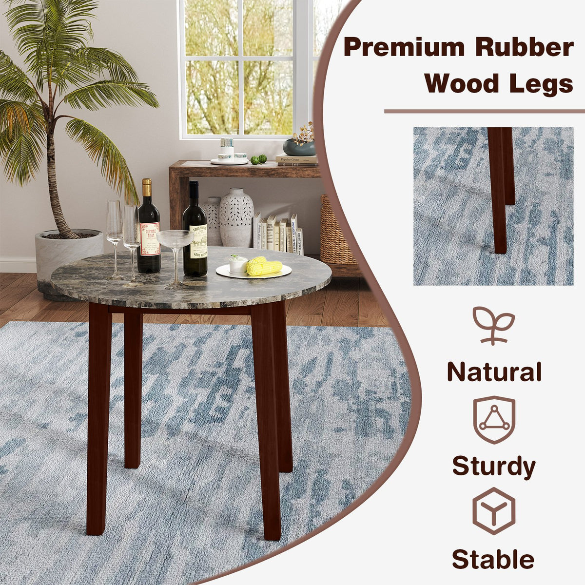 35 Inch Round Dining Table with Rubber Wood Legs and Marble-textured Veneer Tabletop-Brown view 7