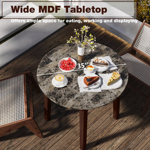 35 Inch Round Dining Table with Rubber Wood Legs and Marble-textured Veneer Tabletop-Brown view 8
