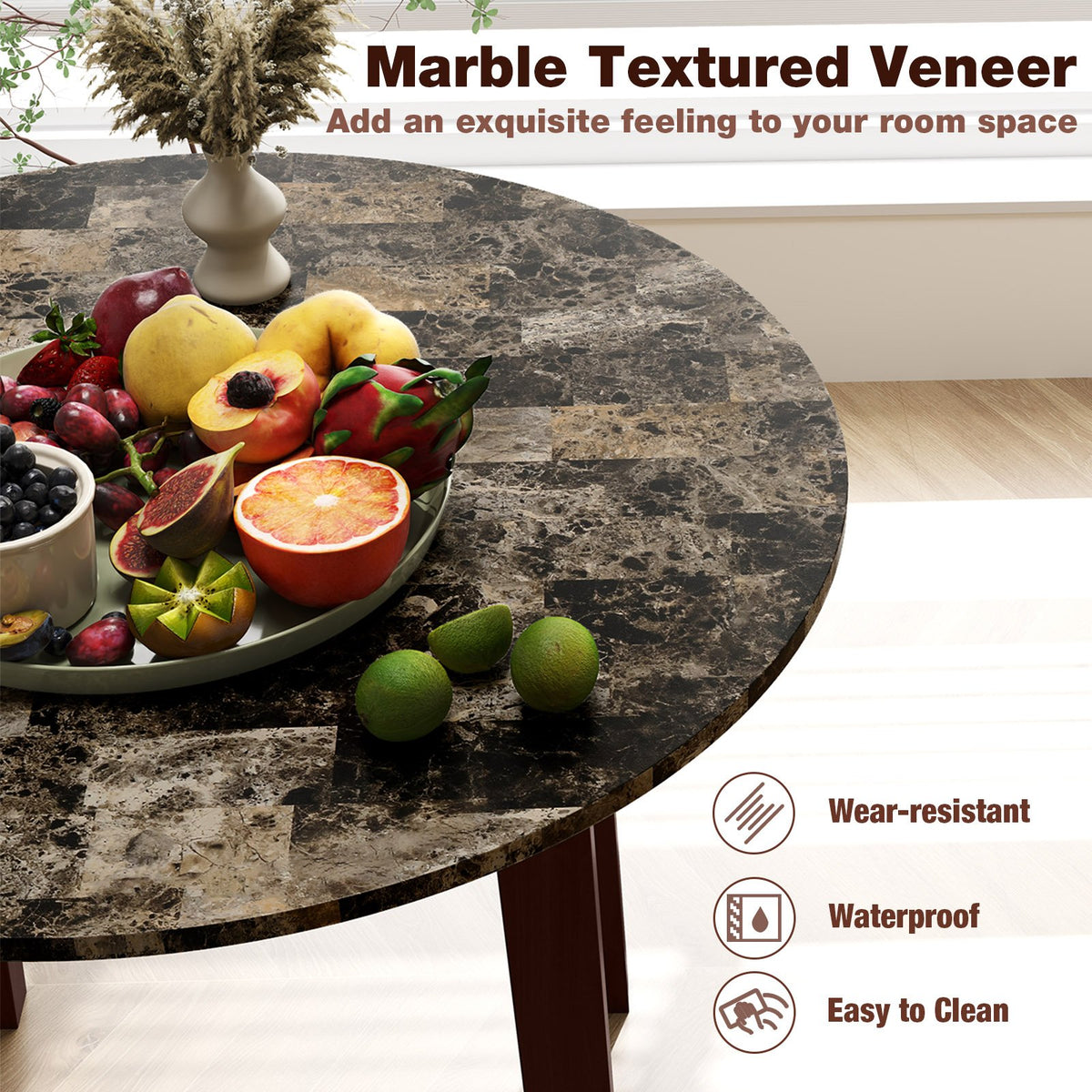 35 Inch Round Dining Table with Rubber Wood Legs and Marble-textured Veneer Tabletop-Brown view 9