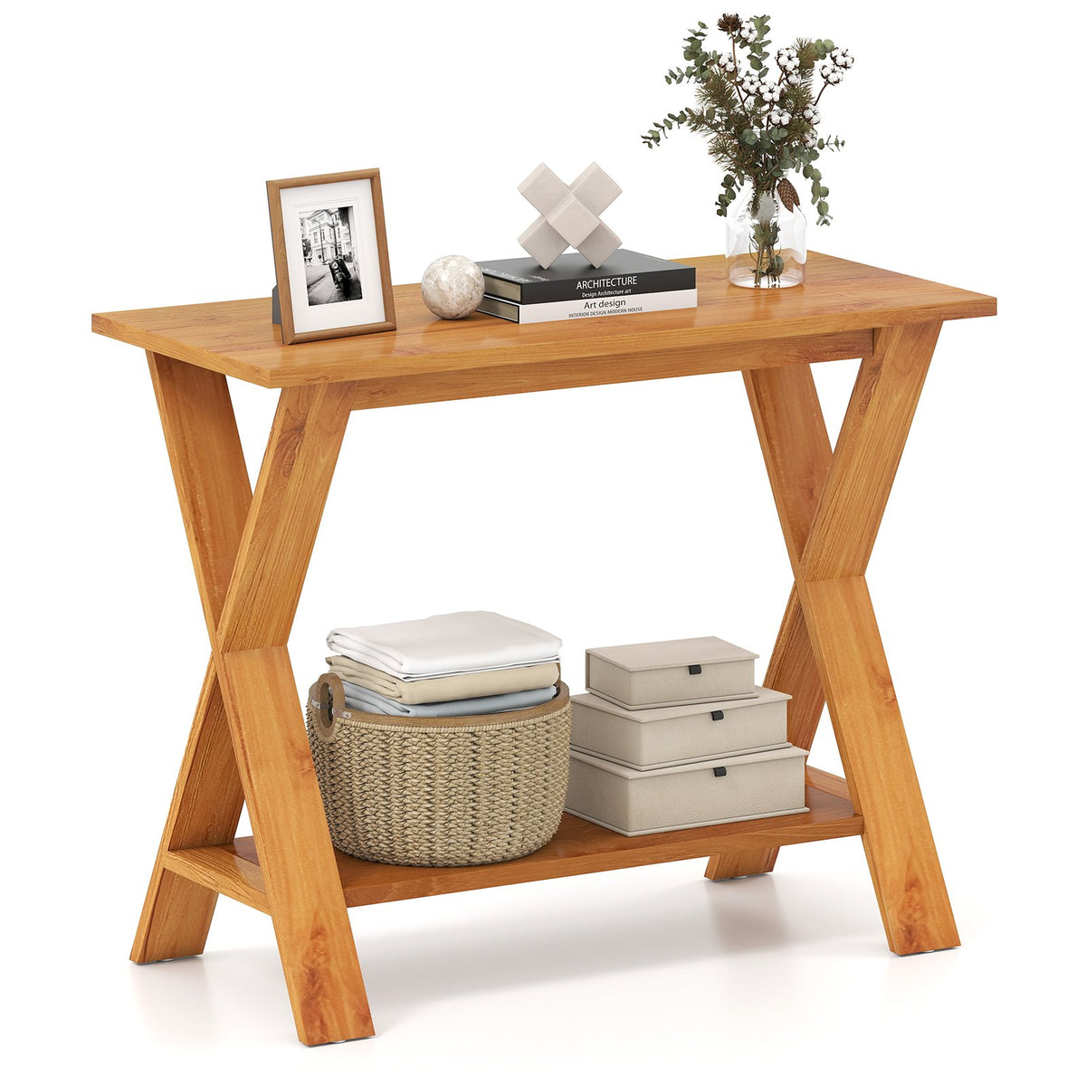 35 Inch Solid Teak Wood Console Table with Storage Shelf