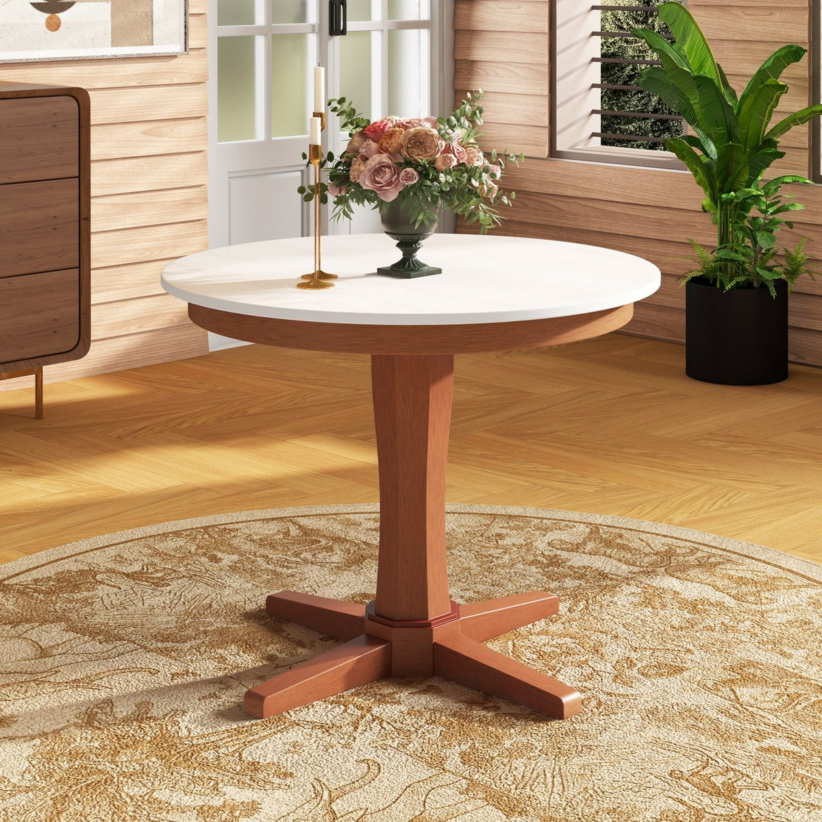 35 Inches Wooden Round Dining Table with Pedestal Base-White view 2