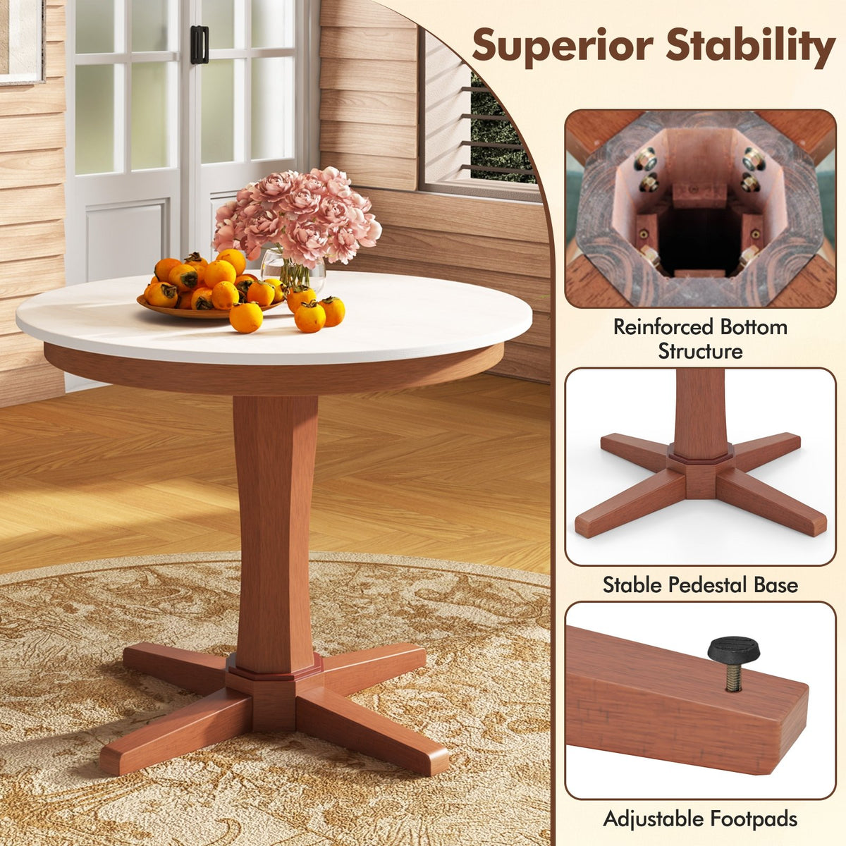 35 Inches Wooden Round Dining Table with Pedestal Base-White view 8