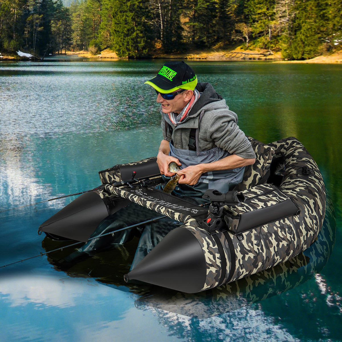 350 LBS Inflatable Fishing Float Tube with Adjustable Backrest and Backpack Straps-Camouflage view 2