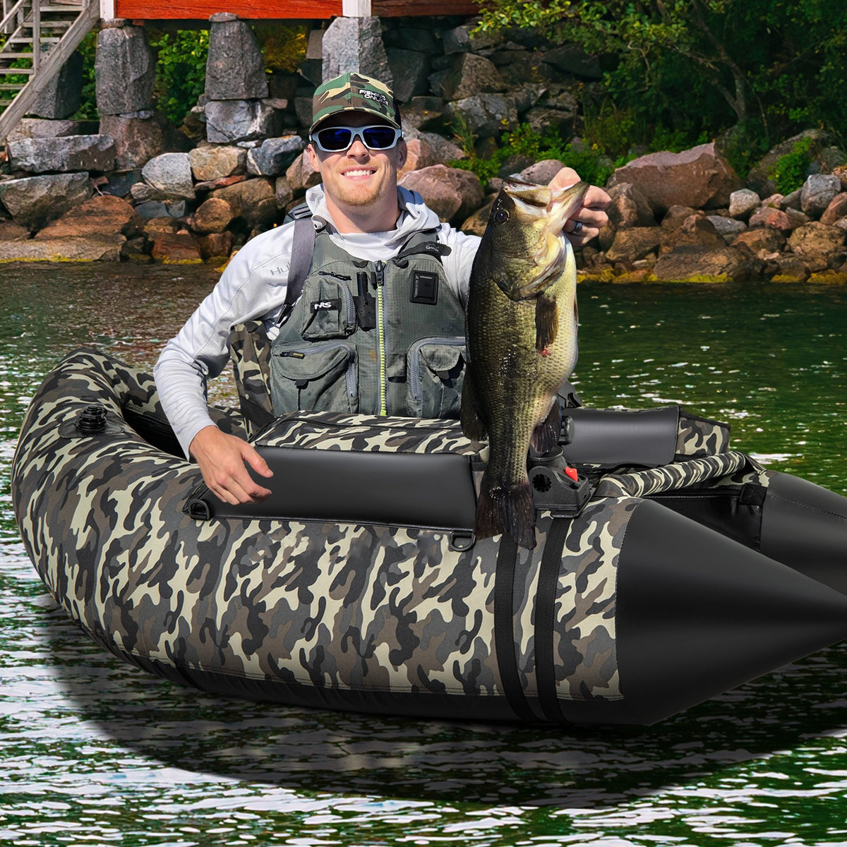 350 LBS Inflatable Fishing Float Tube with Adjustable Backrest and Backpack Straps-Camouflage view 3