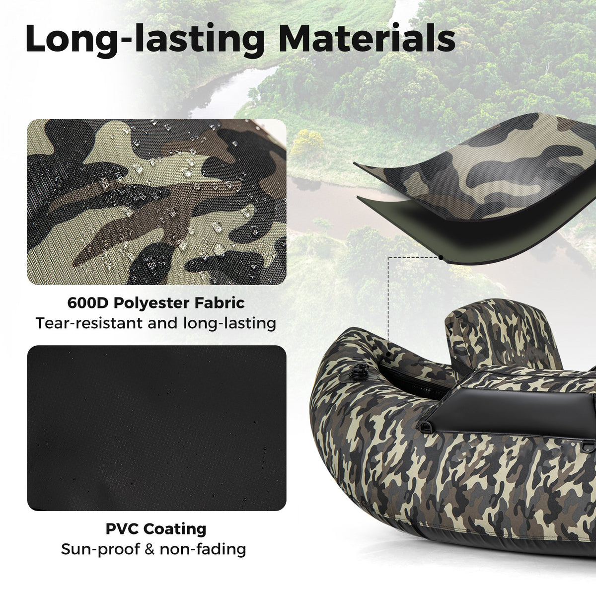 350 LBS Inflatable Fishing Float Tube with Adjustable Backrest and Backpack Straps-Camouflage view 8