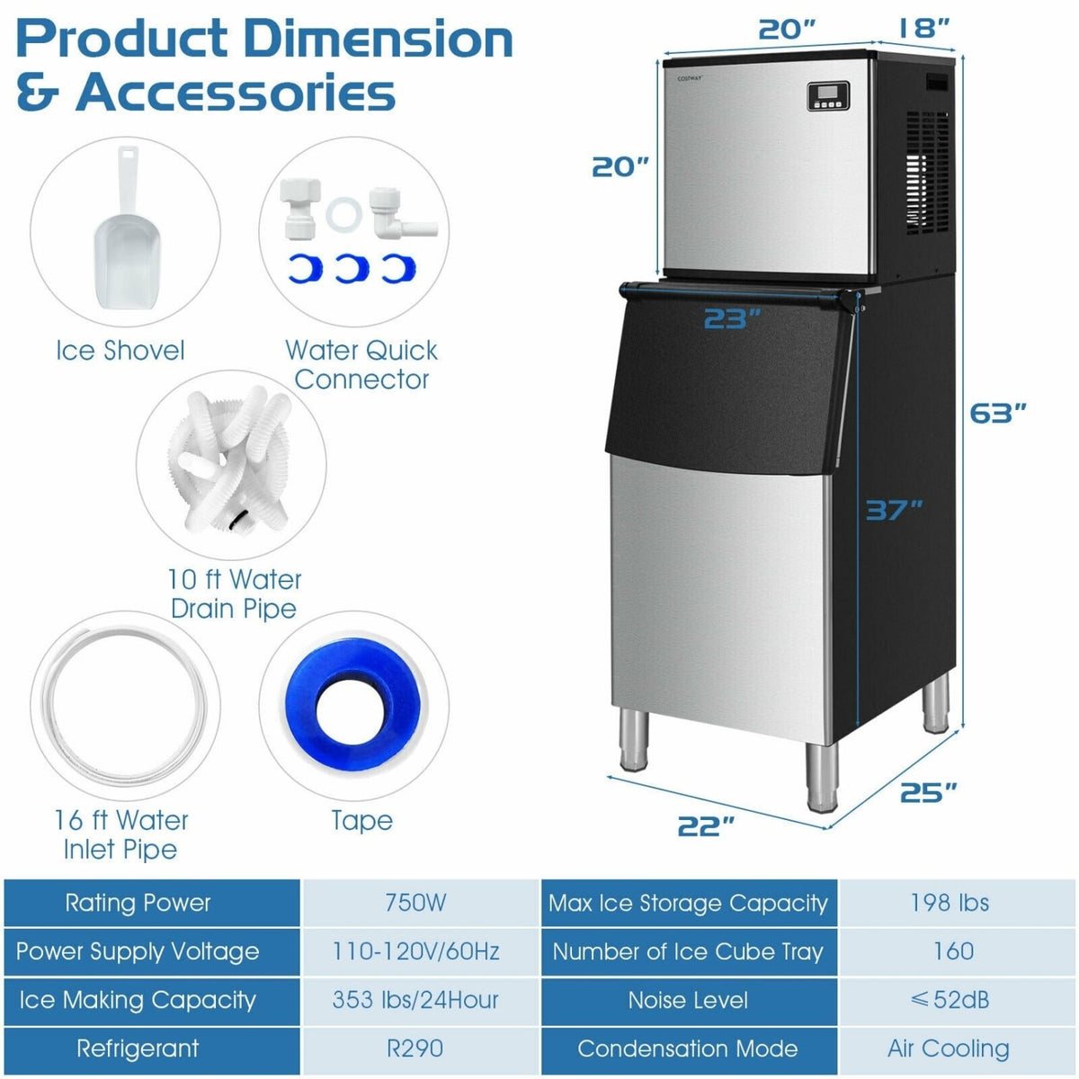 353LBS/24H Split Commercial Ice Maker with 198 LBS Storage Bin view 4