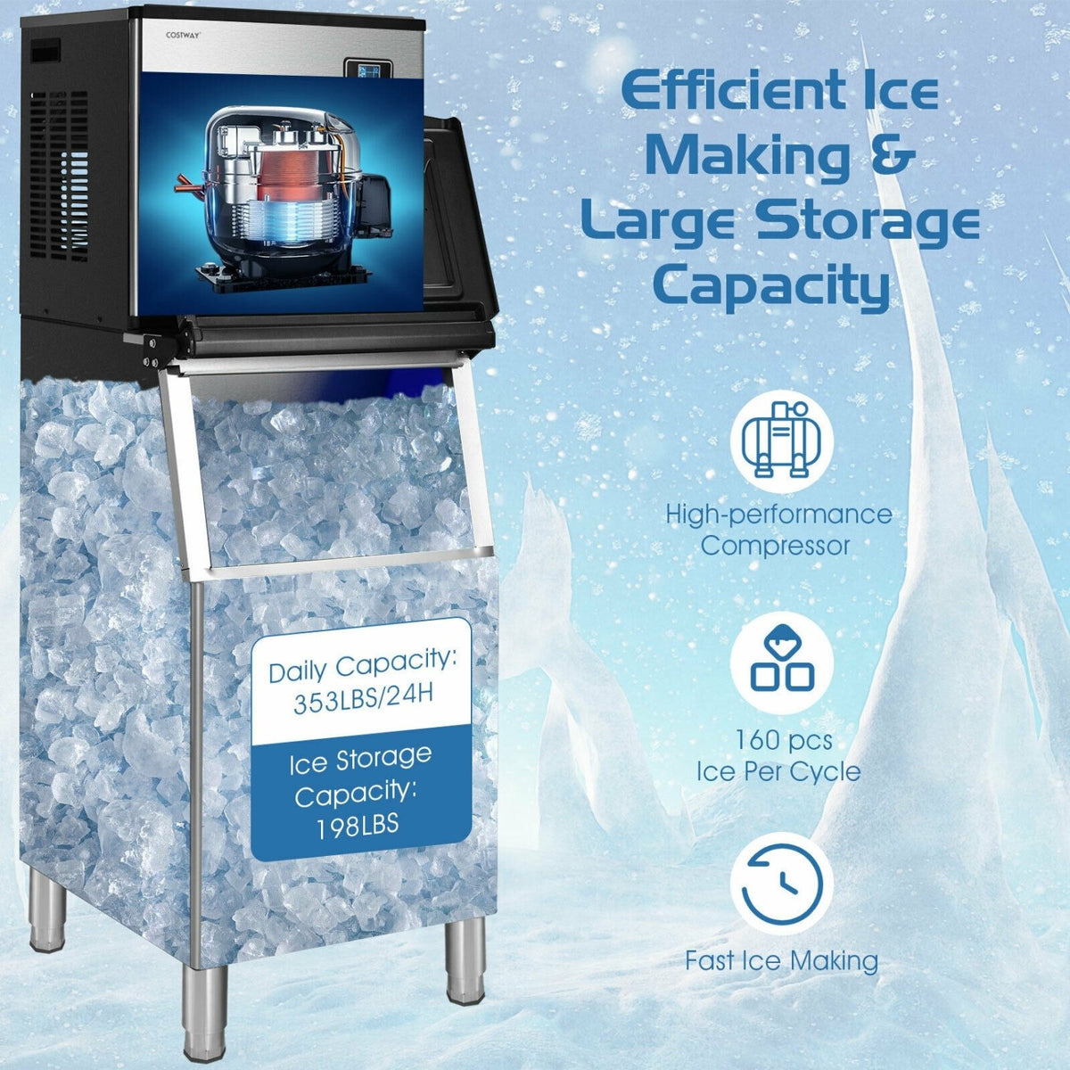 353LBS/24H Split Commercial Ice Maker with 198 LBS Storage Bin view 5