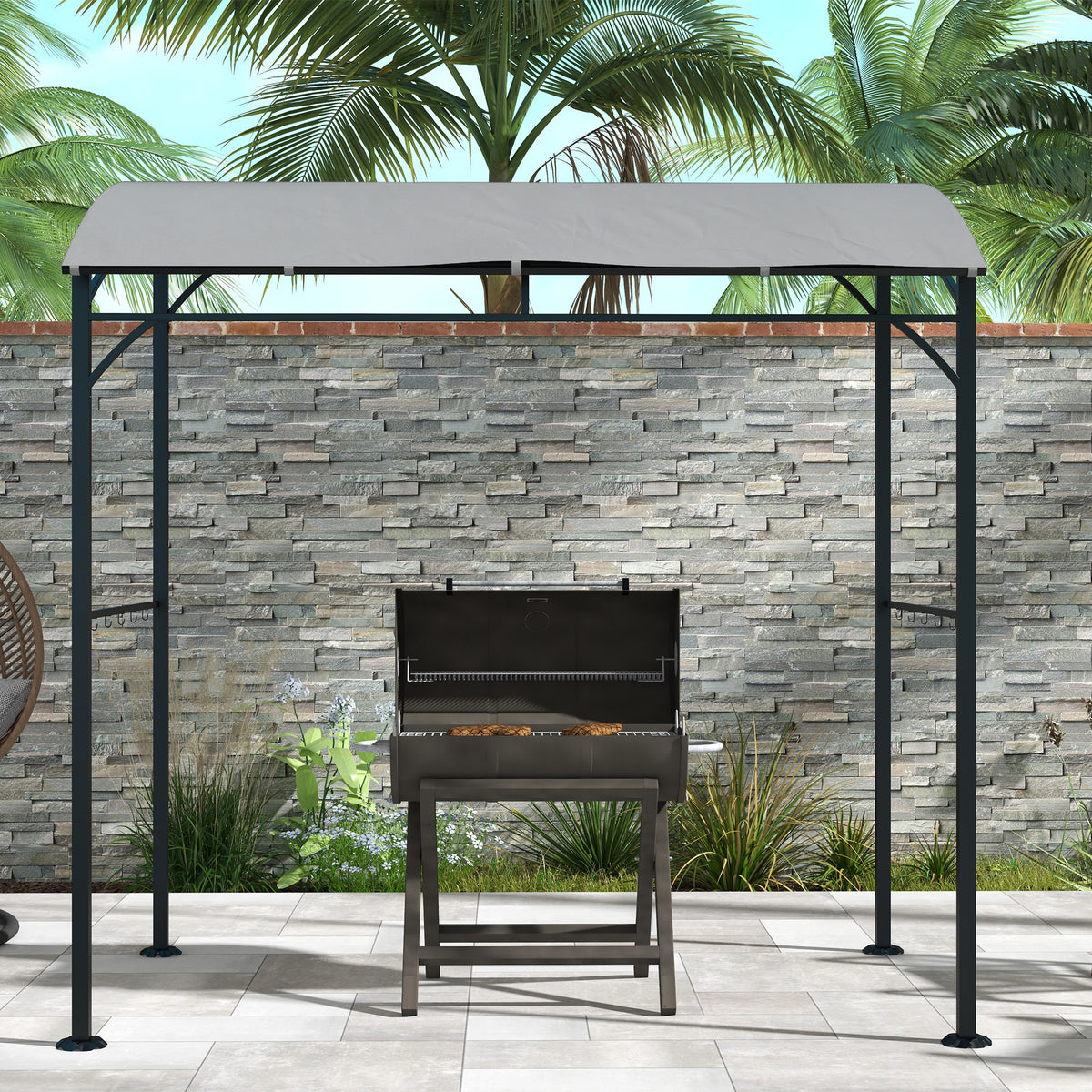 7' x 5' BBQ Grill Gazebo Tent, Garden Grill Canopy with Steel Frame and Hooks, Outdoor Sun Shade, Grey – view 55
