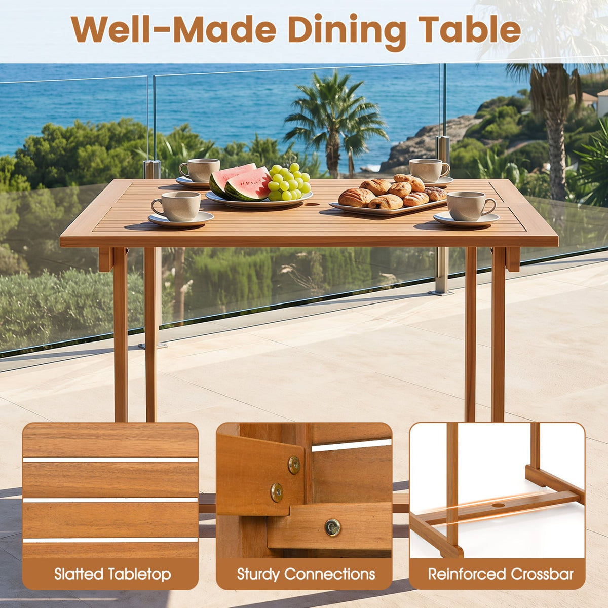 35.5 inches Acacia Wood Outdoor Dining Table with Umbrella Hole and Reinforced Crossbar for 4 view 7