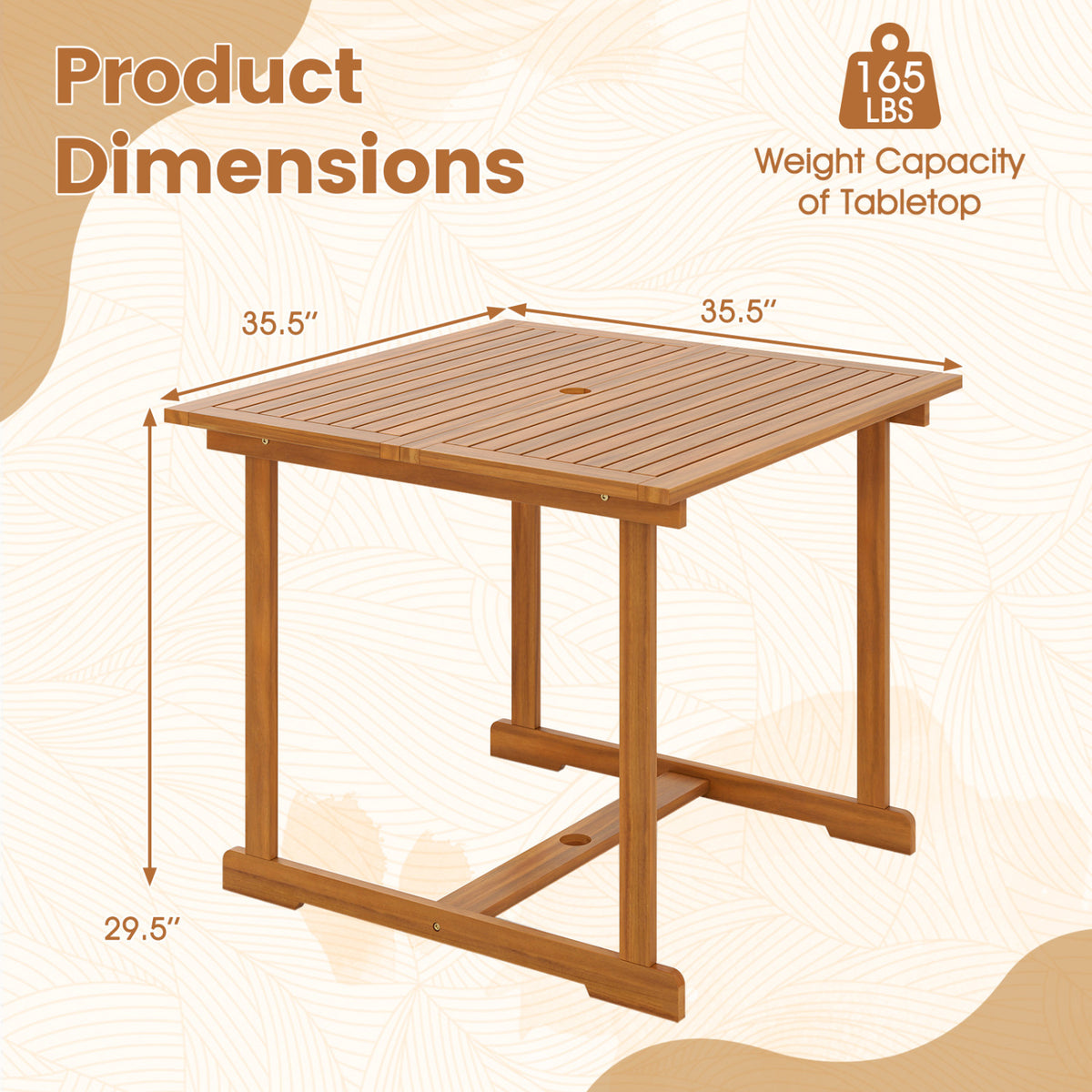 35.5 inches Acacia Wood Outdoor Dining Table with Umbrella Hole and Reinforced Crossbar for 4 view 4