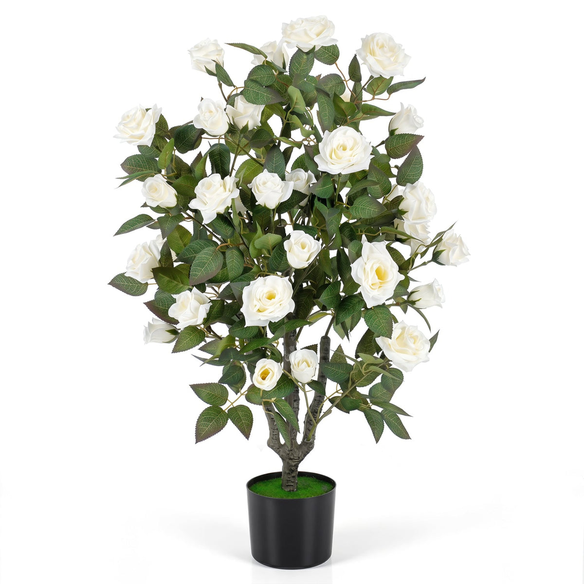 35.5 inches Artificial Rose Tree with Blooming Flowers and Green Leaves for Indoor-White