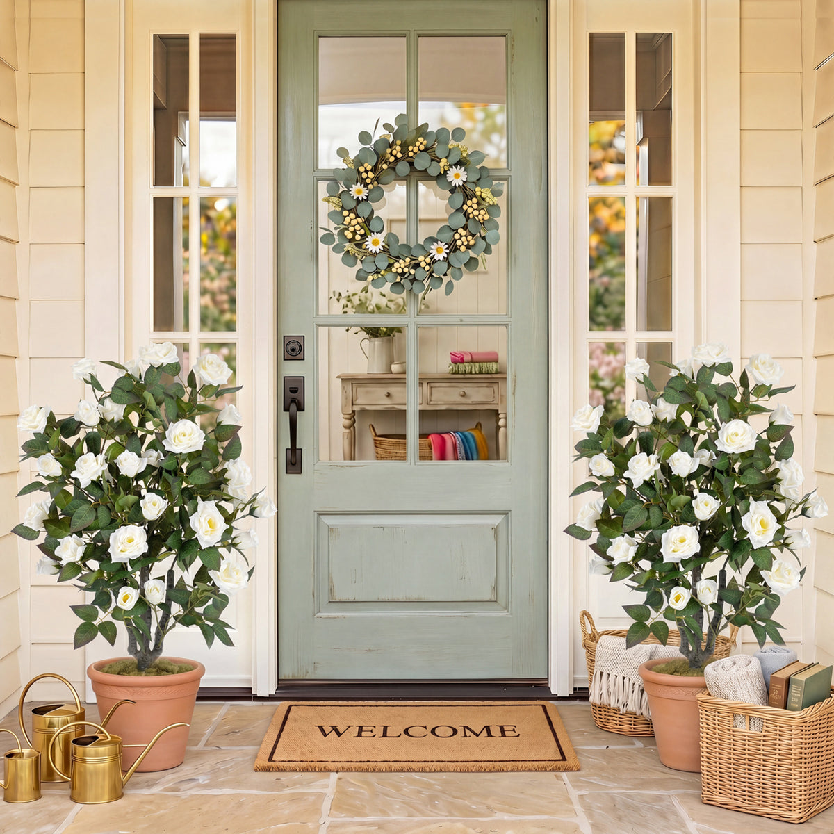 35.5 inches Artificial Rose Tree with Blooming Flowers and Green Leaves for Indoor-White view 2