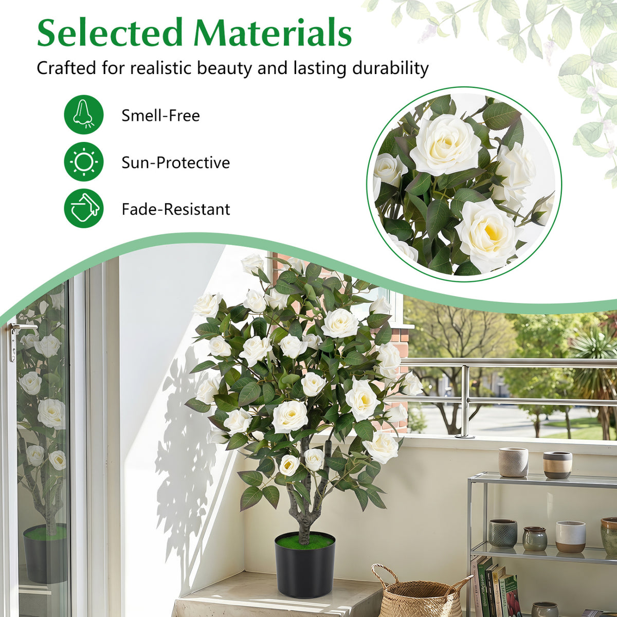 35.5 inches Artificial Rose Tree with Blooming Flowers and Green Leaves for Indoor-White view 4