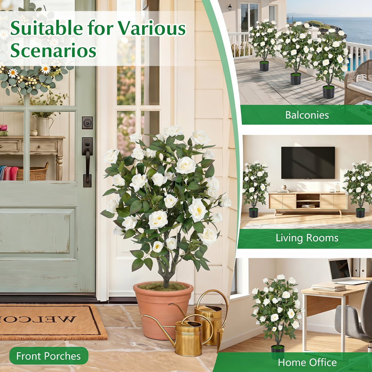 35.5 inches Artificial Rose Tree with Blooming Flowers and Green Leaves for Indoor-White view 8