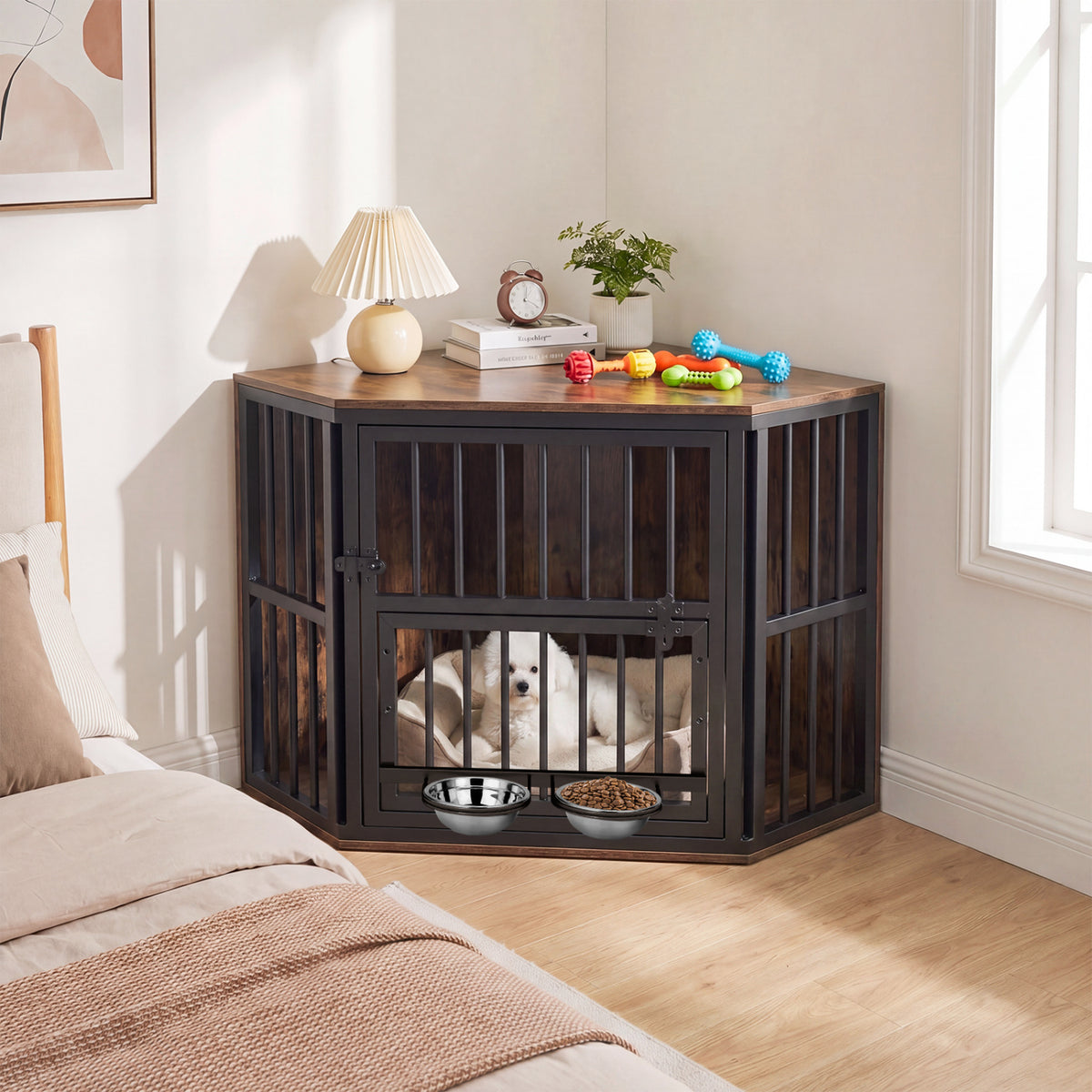 35.5 inches Wooden Dog Kennel End Table with 3-Position Dog Bowl Rack-Rustic Brown view 2