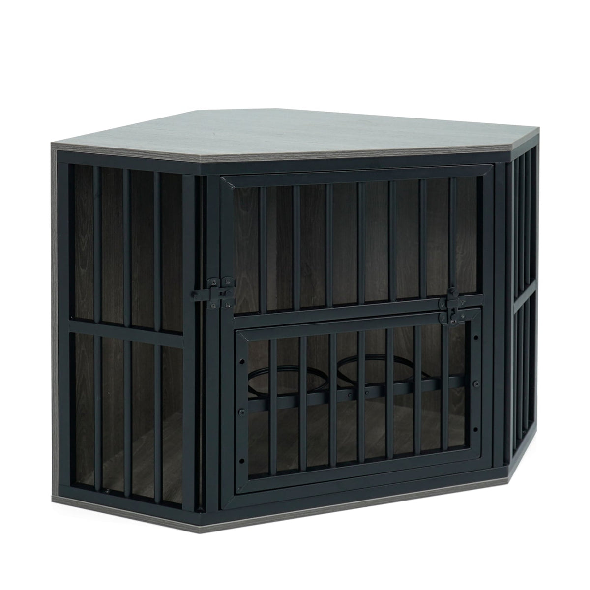 35.5 inches Wooden Dog Kennel End Table with 3-Position Dog Bowl Rack-Oak view 6