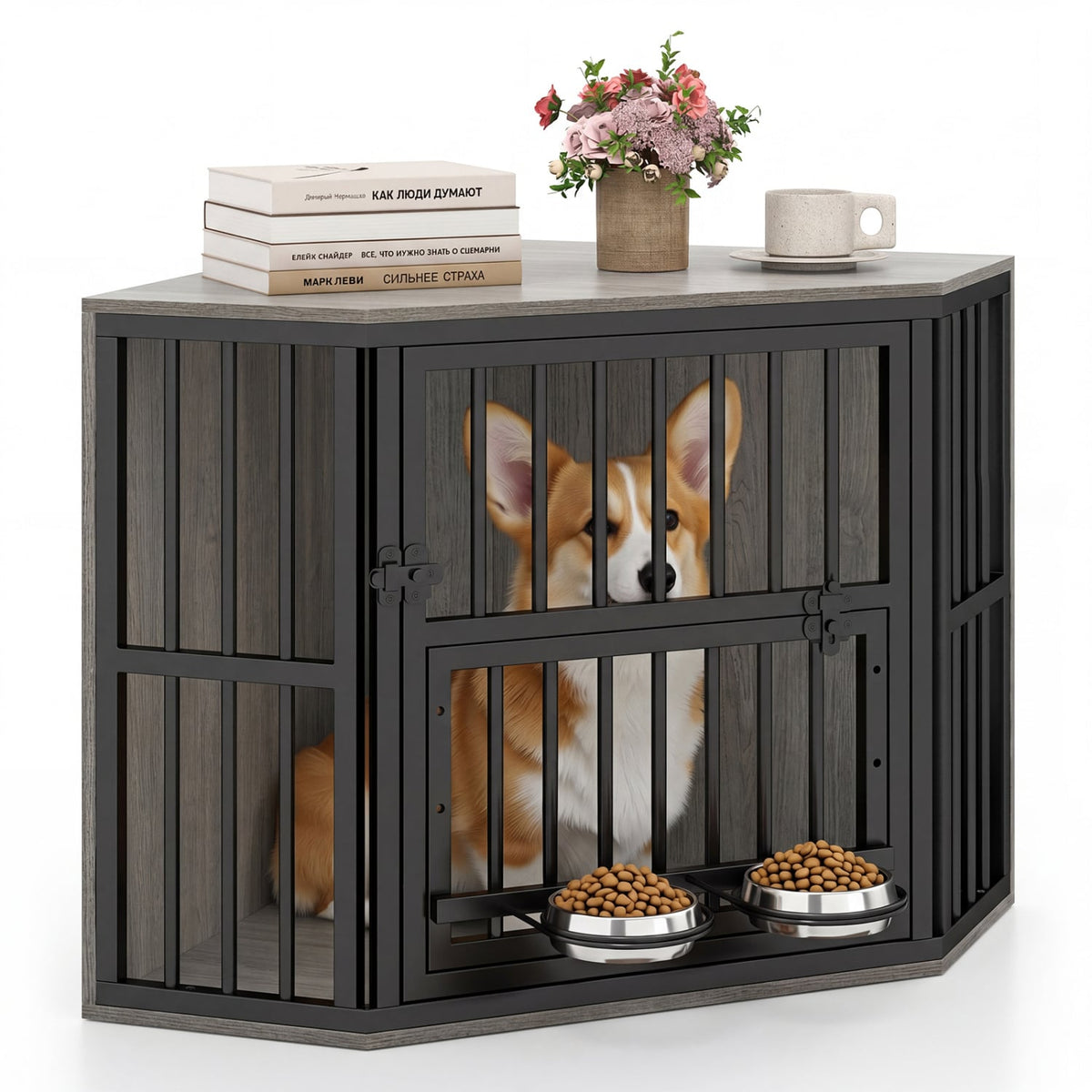 35.5 inches Wooden Dog Kennel End Table with 3-Position Dog Bowl Rack-Oak view 4