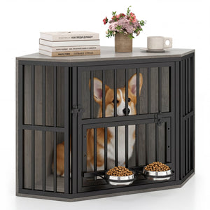 35.5 inches Wooden Dog Kennel End Table with 3-Position Dog Bowl Rack-Oak view 4