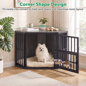 35.5 inches Wooden Dog Kennel End Table with 3-Position Dog Bowl Rack-Oak view 7