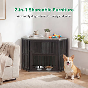 35.5 inches Wooden Dog Kennel End Table with 3-Position Dog Bowl Rack-Oak view 3