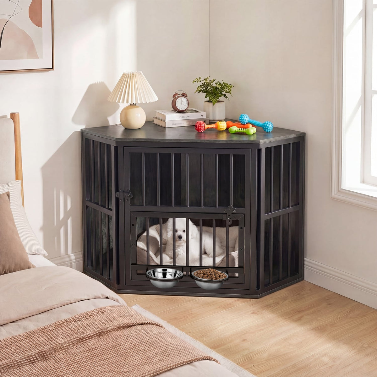 35.5 inches Wooden Dog Kennel End Table with 3-Position Dog Bowl Rack-Oak view 2