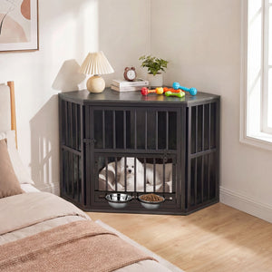 35.5 inches Wooden Dog Kennel End Table with 3-Position Dog Bowl Rack-Oak view 2
