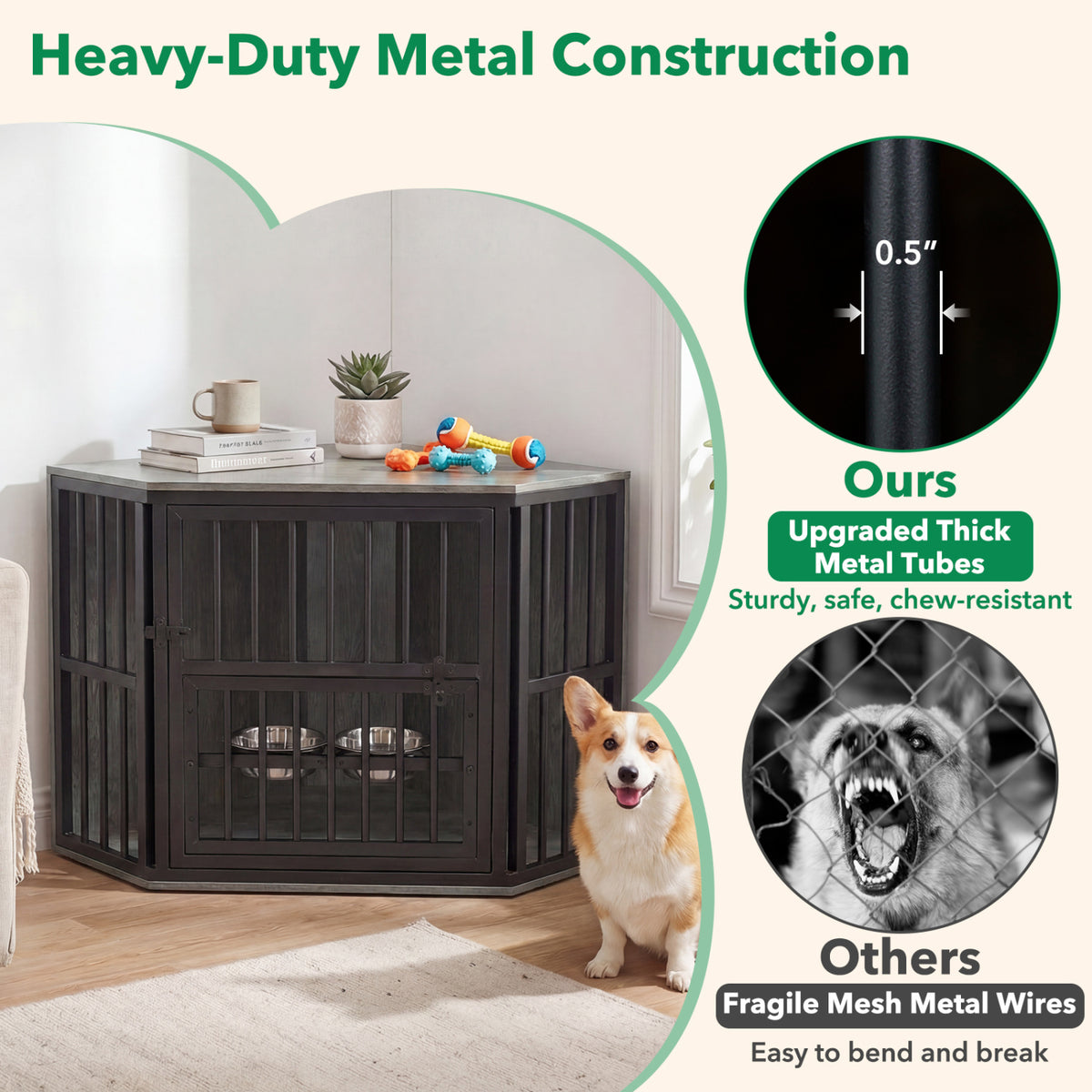 35.5 inches Wooden Dog Kennel End Table with 3-Position Dog Bowl Rack-Oak view 8