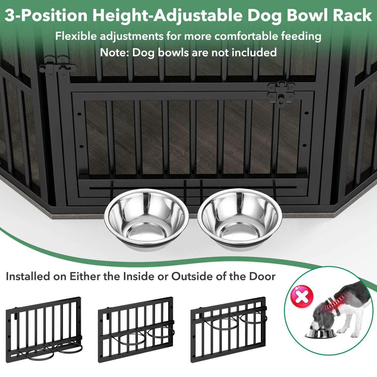 35.5 inches Wooden Dog Kennel End Table with 3-Position Dog Bowl Rack-Oak view 9