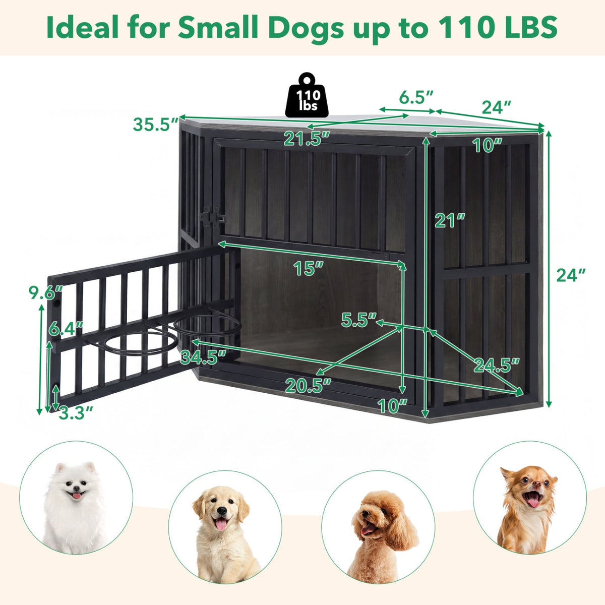 35.5 inches Wooden Dog Kennel End Table with 3-Position Dog Bowl Rack-Oak view 5
