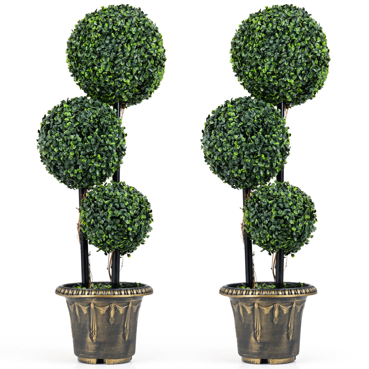 35 Inches Artificial Boxwood Topiary Tree Triple Ball Shrubs Set of 2