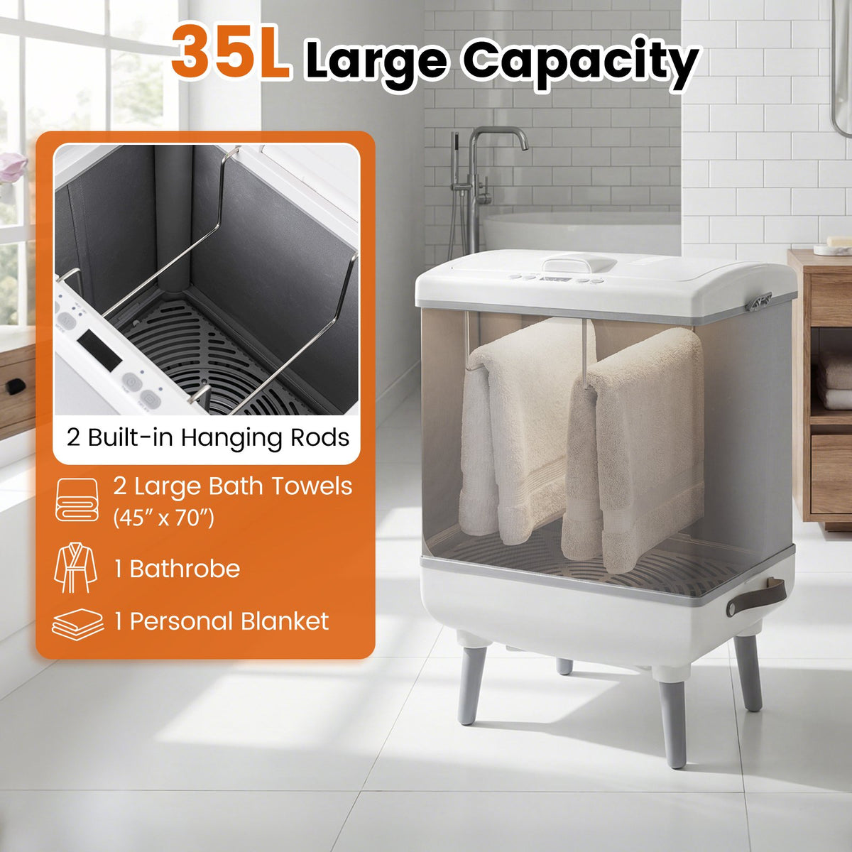 35L Large Towel Warmer with Heating and Drying Modes for Bathroom-Gray view 6